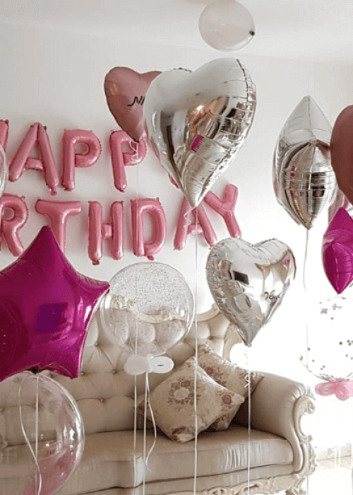 סידור בלונים כוכב סגול ולב כסוף