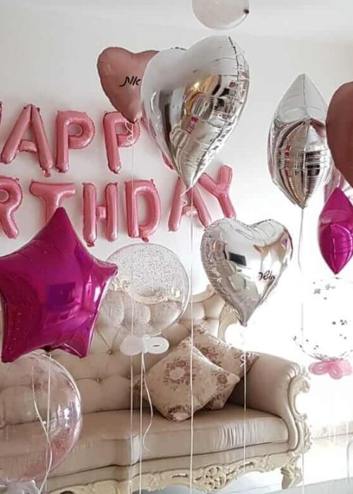 סידורי בלונים לאישה בלון כוכב ורוד, בלון לב כסוף