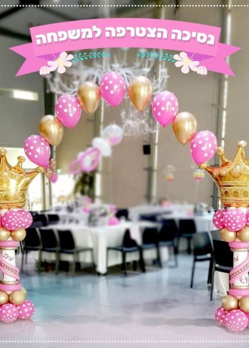 שער בלונים לבריתה עם בלוני כתר זהב ובלונים ורודים